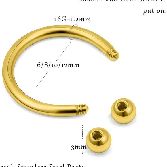 8Pcs Gold 16G Surgical Steel Horseshoe Nose & Cartilage Piercing Rings, 6-12mm - Picture 2 of 6